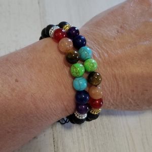 Chakra Reiki Healing Round Stone Lava Bead Bracelets Set Of 2